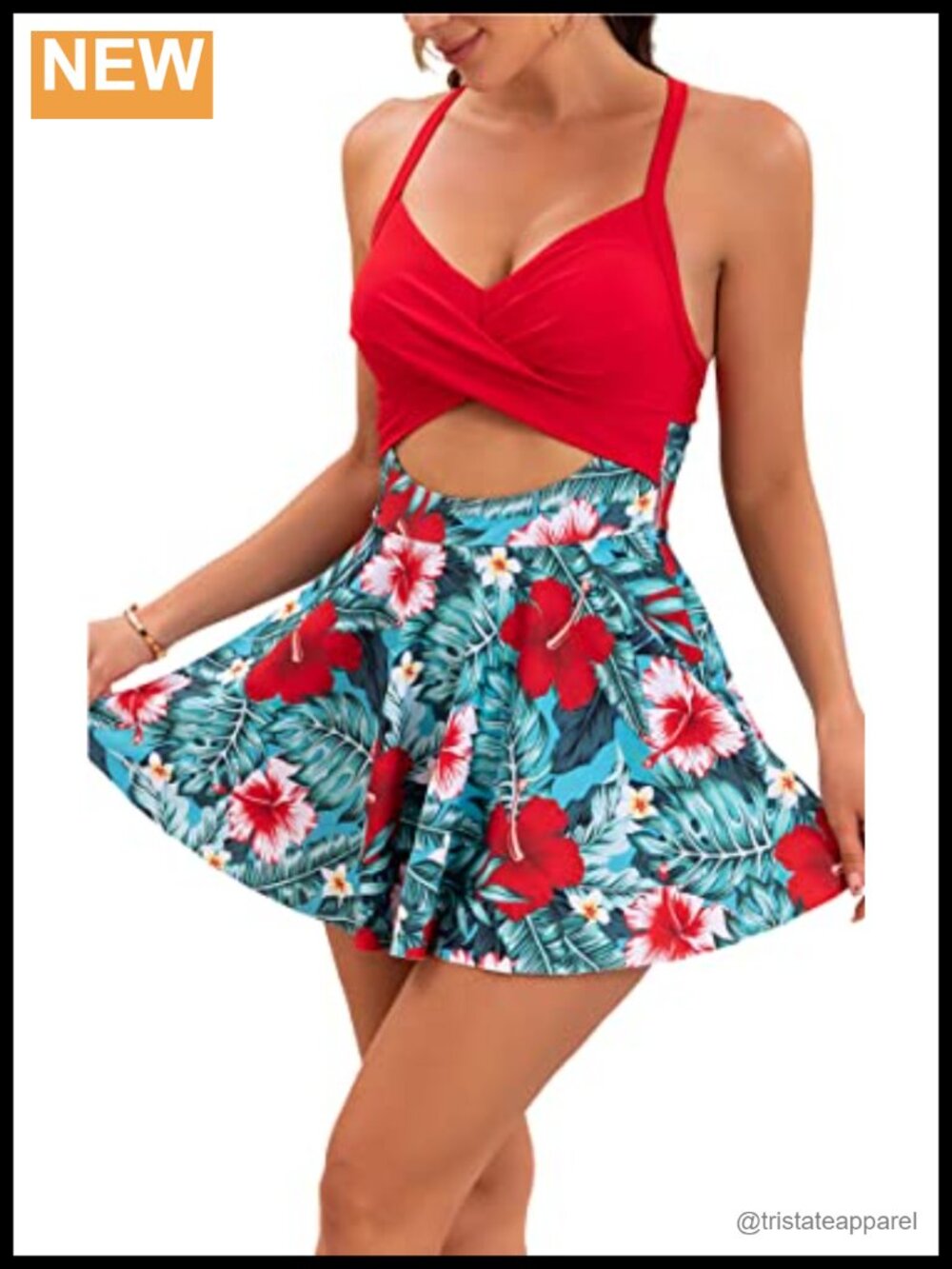 Women's Tummy Control One Piece Swim Dress with Skirt V-Neck Criss Cross